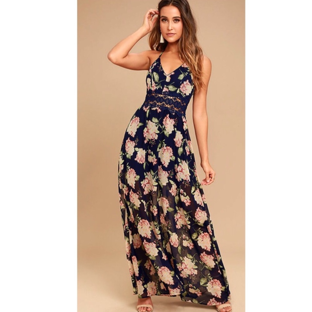 NWOT!!!  Lulu's Navy Blue Floral Print Maxi Dress